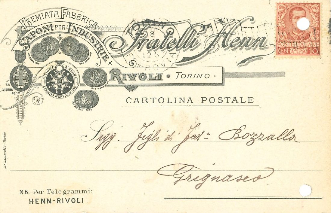 Cartolina postale della Premiata Fabbrica Saponi per Industrie Fratelli Henn, Rivoli