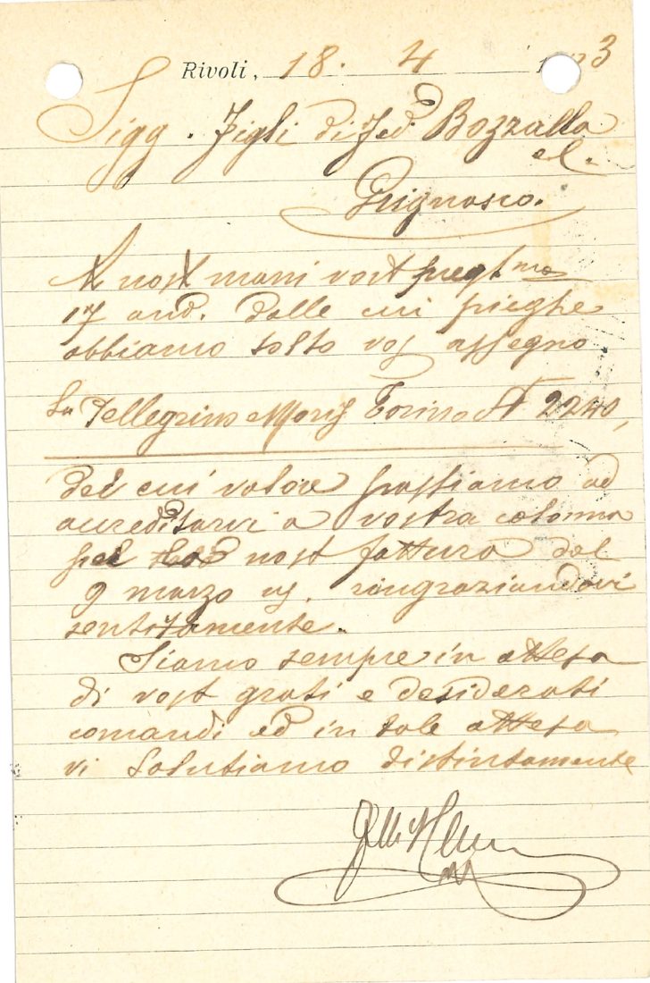 Retro della cartolina, scritto a mano a Rivoli nell’aprile 1923