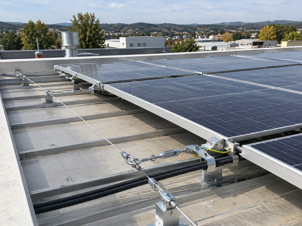 Impianto fotovoltaico su tetto piano fissato con sistema a cavi, senza forature né zavorre, Green Terrae